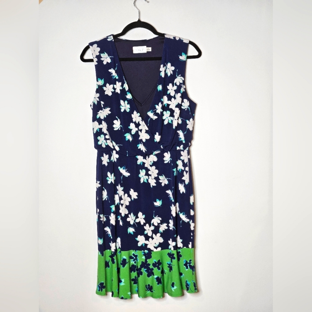 Eliza J Printed‎ Surplus Bodice Floral Sleeveless Midi Dress Navy Green Womens 8